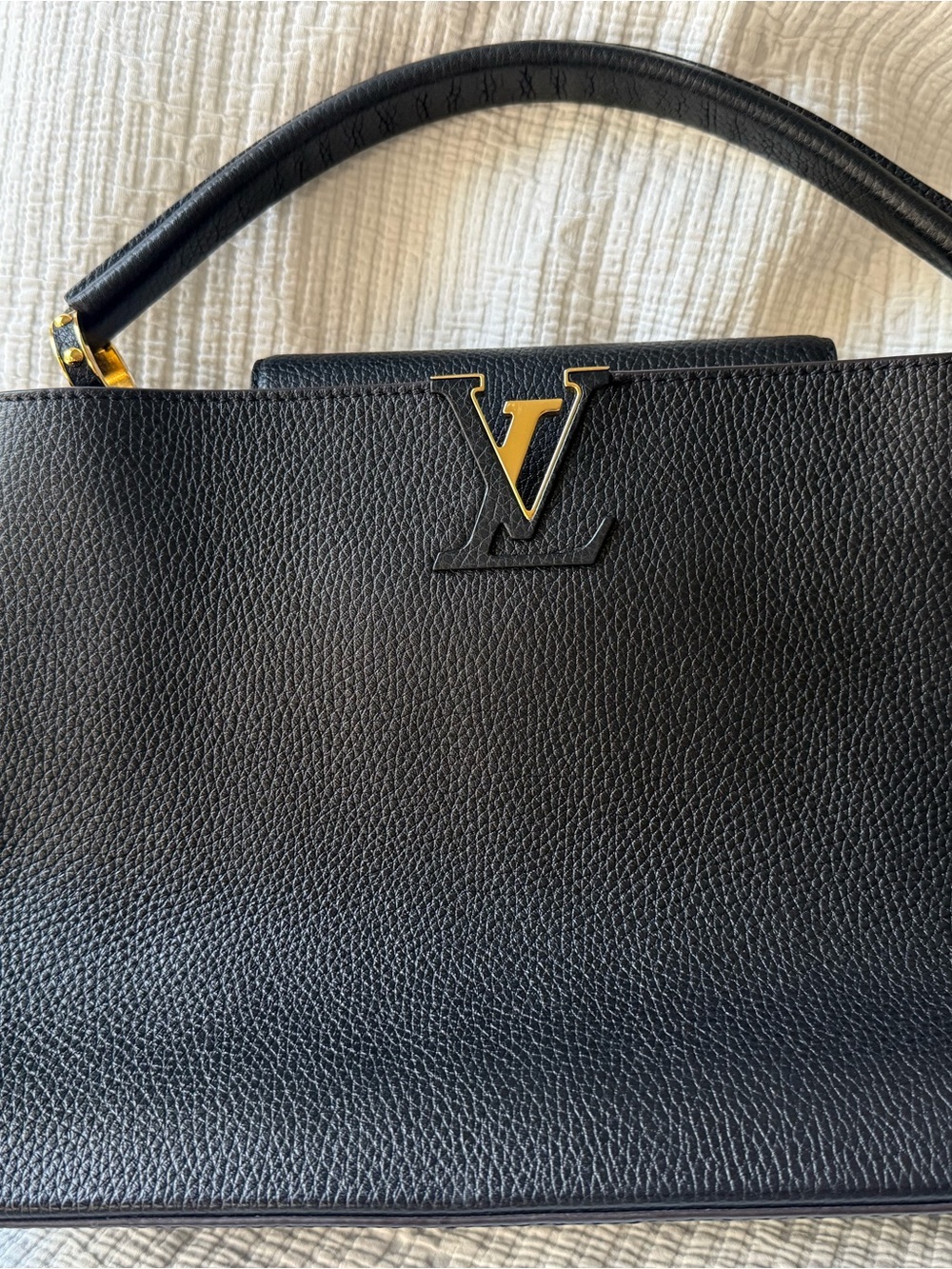 Louis Vuitton Black Pebbled Leather Satchel with Gold LV Accent Capucines MM - Picture 5 of 7